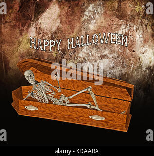 Happy Halloween: Skelett hebt von Sarg und macht eine respektlose Geste zu grüßen, 3D-Rendering Stockfoto