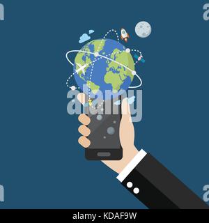 Hand Smartphone mit globalen Netzwerk Verbindung. flat style Vector Illustration Stock Vektor