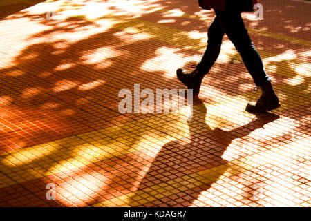 Schatten und Silhouetten von einer Person zu Fuß in motion blur und Bäume im Herbst Sonnenuntergang Sonnenlicht auf Stadt Straße Bürgersteig Stockfoto