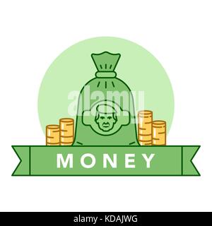 Vector Illustration eines grünes Geld beutel und goldenen Münzen auf weißem Hintergrund mit Schriftzug. Geld und finanzielle Institutionen Thema. Stock Vektor