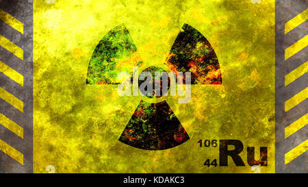 Ruthenium 106 radioaktives Symbol auf gelbem Hintergrund. 3D-Abbildung Stockfoto