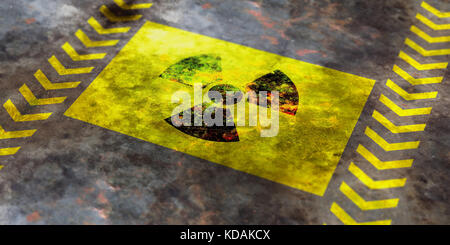 Strahlungssymbol auf gelbem Hintergrund, Ansicht von oben. 3D-Abbildung Stockfoto