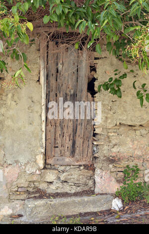 Eine alte Holztür mit abblätternder Farbe und Distressed Holzarbeiten in einem griechischen Dorf auf Korfu, Griechenland. Stockfoto