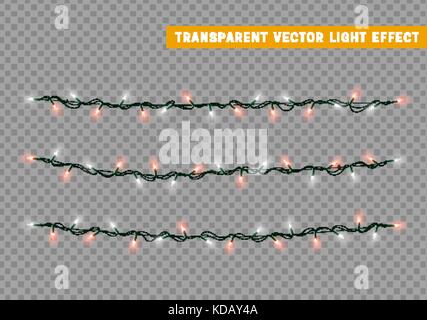 Weihnachtsbeleuchtung isoliert realistischem Design. lichter Girlanden Farbe weiß und rot. Stock Vektor