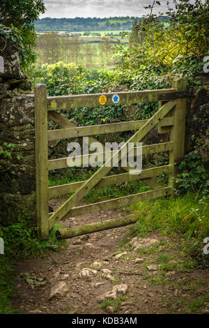 Eine Five-Bar-Tor führt zu einer öffentlichen Reitweg auf einem steilen und unebenen Fußweg in ländlichen Somerset, England. Stockfoto