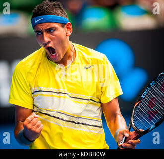 Nick Kyrgios gewinnt Junioren Titel an den 2013 Australian Open - ein Grand Slam Turnier - ist die Auftaktveranstaltung für das Tennis Kalender jährlich. Stockfoto