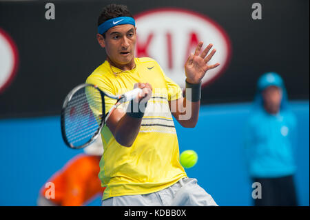 Nick Kyrgios gewinnt Junioren Titel an den 2013 Australian Open - ein Grand Slam Turnier - ist die Auftaktveranstaltung für das Tennis Kalender jährlich. Stockfoto