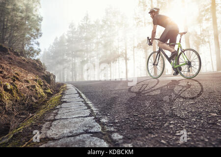 Radfahrer auf der Straße in einer nebligen Wald Stockfoto