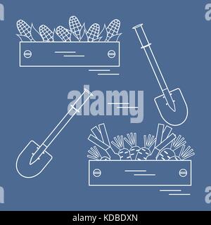 Cute Vector Illustration der Ernte: zwei Schaufeln, zwei Kästen mit Mais, Karotten und Zwiebeln. Design für Banner, Poster oder Drucken. Stock Vektor