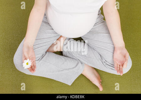 Blick von oben auf die schwangere Frau mit Blume Stockfoto