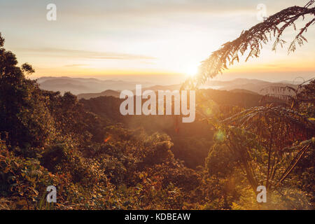 Warme Sunrise in einem Berggebiet in Malaysia Stockfoto