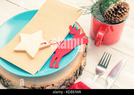 Nahaufnahme des Weihnachtsessen Weihnachtsessen Vorbereitung einstellen. Stockfoto