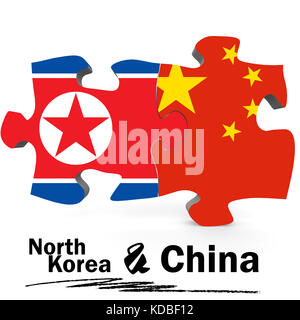 China und Nordkorea Flaggen in Puzzle auf weißem Hintergrund, 3D-Rendering Stockfoto