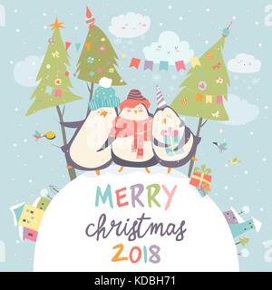 Lustige Pinguine Freunde feiern Weihnachten Stock Vektor