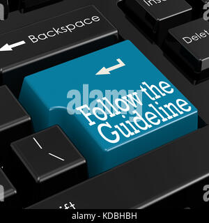 Die Leitlinien Konzept folgen. blaue Schaltfläche Tastatur. Selektive konzentrieren. Detailansicht. 3D-Render. Stockfoto