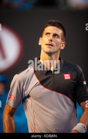 Novak Djokovic (SRB) ging gegen unseeded Lucas lacko (Svk) in einem Spiel der 2014 Australian Open in Melbourne Djokovic besiegt Lacko 6-3 Stockfoto