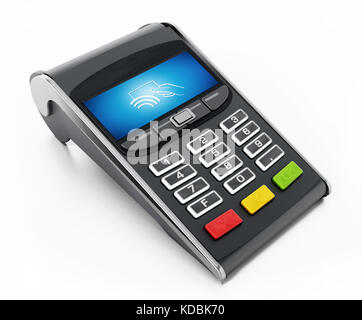 Pos-Terminal mit Remote-wlan Symbol auf dem Bildschirm. 3D-Darstellung. Stockfoto