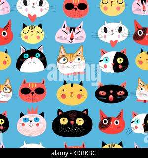 Vektor helle nahtlose Muster der mehrfarbige Katze Porträts auf einem blauen backgr Stock Vektor