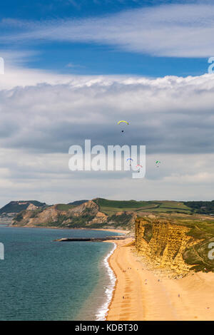 Eine Gruppe von Gleitschirmen über die Klippen bei Burton Bradstock auf der Jurassic Coast, Dorset, England, Großbritannien Stockfoto