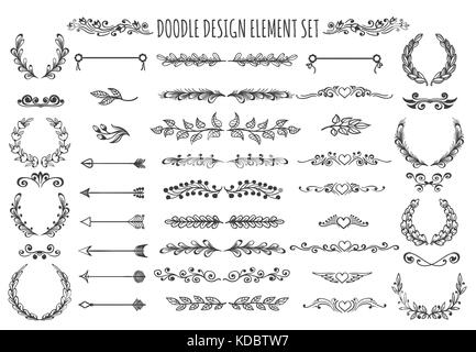 Eingestellt von Doodle Design Elemente. Hand gezeichneten Pfeile, Kränze, Trennwände, Kopf, Herz und anderen floralen Elementen für ypur Design. Vector Illustration. Stock Vektor