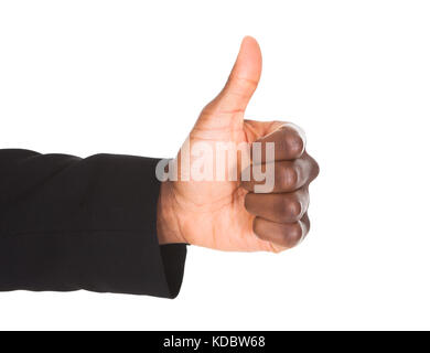 Nahaufnahme von einem Geschäftsmann Hand zeigt Thumb Up Sign Isolated Over White Background Stockfoto