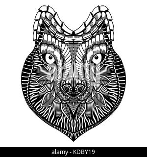 Zentangle stilisierten Wolf Gesicht. Hand gezeichnet doodle Vector Illustration. hoch detaillierte Skizze für Tattoo oder makhenda. Tierische Sammlung. T-Shirt drucken. Stock Vektor