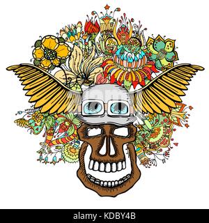 Die schrecklichen Totenkopf mit Flügeln und Blumen. Vector Illustration. Hand gezeichnete Bild Stock Vektor