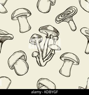 Vector schwarz und beige Tinte nahtlose Muster mit kunstvoll gezeichnet Pilze. Moderne Abbildung. Kann für Tapeten verwendet werden, musterfüllungen, Web Seite Stock Vektor