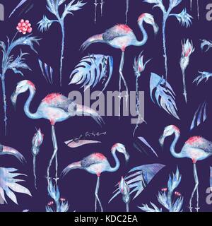 Nahtlose Textur mit exotischen Blumen und Flamingo Vögel auf Indigo Hintergrund Stockfoto