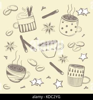 Doodles Kaffee Set. Vektor für Frühstück Stock Vektor