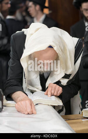 Einen religiösen Jüdischen Mann, der betet trägt einen tallit und hält seinen Platz in seinem Gebetbuch. In einer Synagoge in Brooklyn, New York. Stockfoto