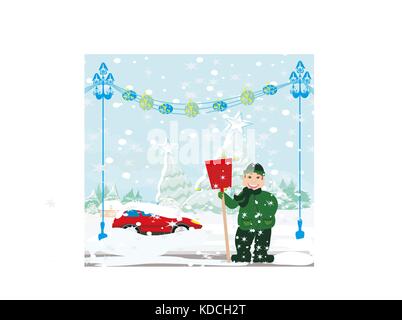 Mann Schneeschaufeln von Straße im winter Stock Vektor