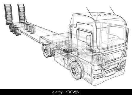 Niedrige Bett LKW Anhänger. Abstrakte Zeichnung. tracing Abbildung: 3d Stock Vektor