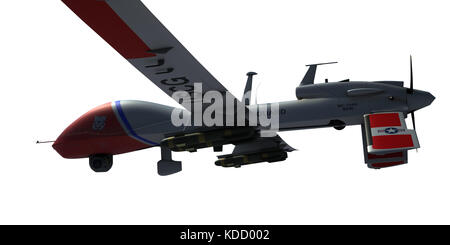 MQ-1C Gray Eagle Militärdrohne. Ansicht von unten. 3D-Rendering. Isolierter Hintergrund. Stockfoto