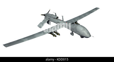 MQ-1C Gray Eagle Militärdrohne. Graue Tarnung. 3D-Rendering. Isolierter Hintergrund. Stockfoto