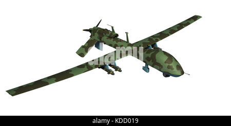 MQ-1C Gray Eagle Militärdrohne. Grün-braune Tarnung. 3D-Rendering. Isolierter Hintergrund. Stockfoto