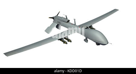 MQ-1C Gray Eagle Militärdrohne. Seitenansicht von oben. 3D-Rendering. Isolierter Hintergrund. Stockfoto