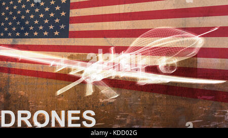 Mq-1c grau Adler militärische Drohne über Stadt fliegen. USA-Flagge im Hintergrund Stockfoto