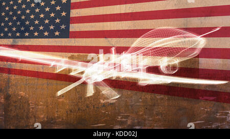 Mq-1c grau Adler militärische Drohne über Stadt fliegen. USA-Flagge im Hintergrund Stockfoto