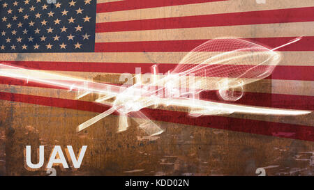 Mq-1c grau Adler militärische Drohne über Stadt fliegen. USA-Flagge im Hintergrund Stockfoto