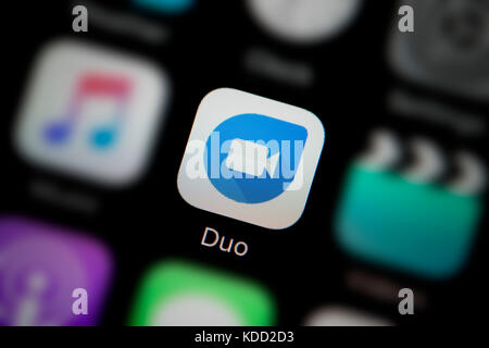 Eine Nahaufnahme des Logo für Google Duo app Symbol, wie auf dem Bildschirm eines Smartphones (nur redaktionelle Nutzung) Stockfoto