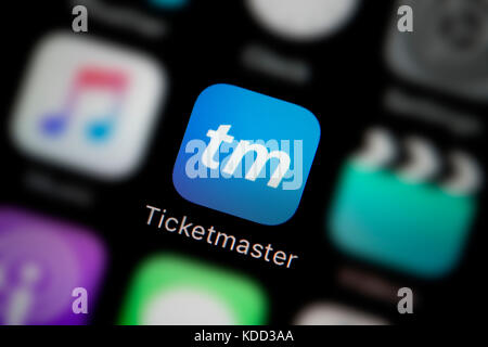 Eine Nahaufnahme des Logo für Ticketmaster app Symbol, wie auf dem Bildschirm eines Smartphones (nur redaktionelle Nutzung) Stockfoto