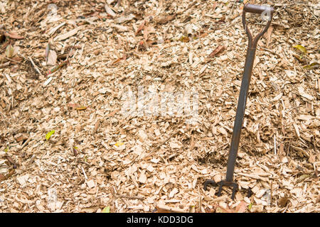 Stapel pf war Staub mit Metall Dunggabel Hintergrund landwirtschaftliche Arbeiten Stockfoto