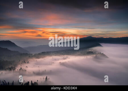 Surreale Landschaft auf dem Bromo Vulkan Mount mit pre-sunrise Farben und Nebel kriecht über dem Dorf Cemoro Lawang Erstellen einer jenseitigen Bild Stockfoto
