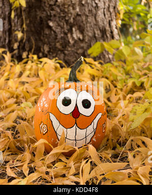 Nahaufnahme eines handbemalt Jack o'Lantern unter getrocknete Blätter mit einem Baum im Hintergrund. geringe Tiefenschärfe. Stockfoto