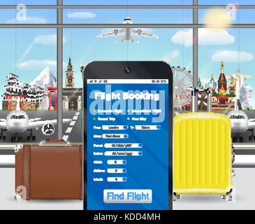 Smartphone Online Flugbuchung app im Flughafen Stock Vektor