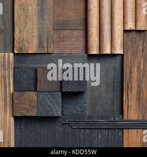 Auszug aus dunklem Holz block collage Hintergrund. Stockfoto