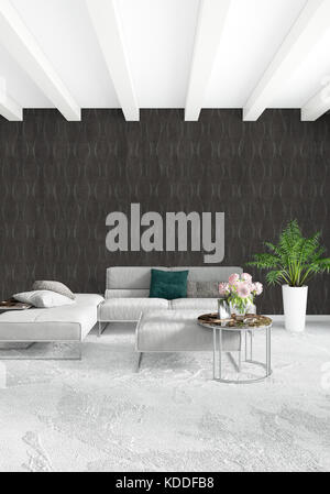 Schlafzimmer im Loft in modernem Stil eingerichtet und mit vielseitigen Wand- und stilvoll Sofa. 3D-Rendering. Stockfoto