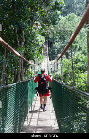 Südafrika, Walker crossing Hängebrücke in Monkeyland Primate Sanctuary auf plattenberg Bay, der sich an der "Garden Route". Stockfoto