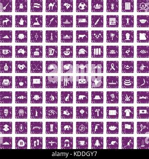 100 Wahrzeichen Icons Set grunge Lila Stock Vektor